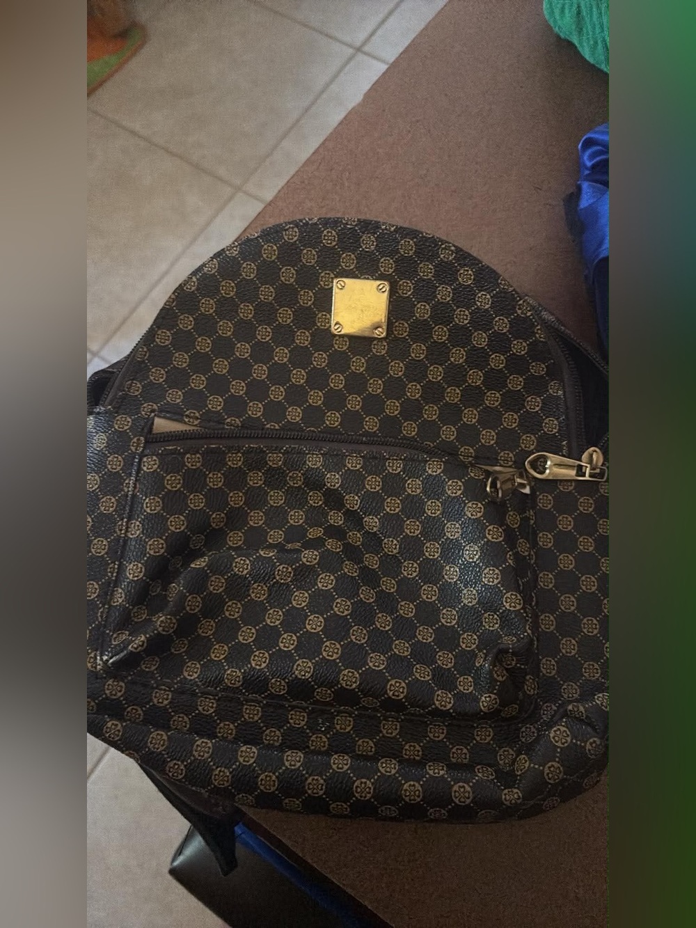 Men's Black Brown Patterned Leather Backpack with Gold Hardware needs straps